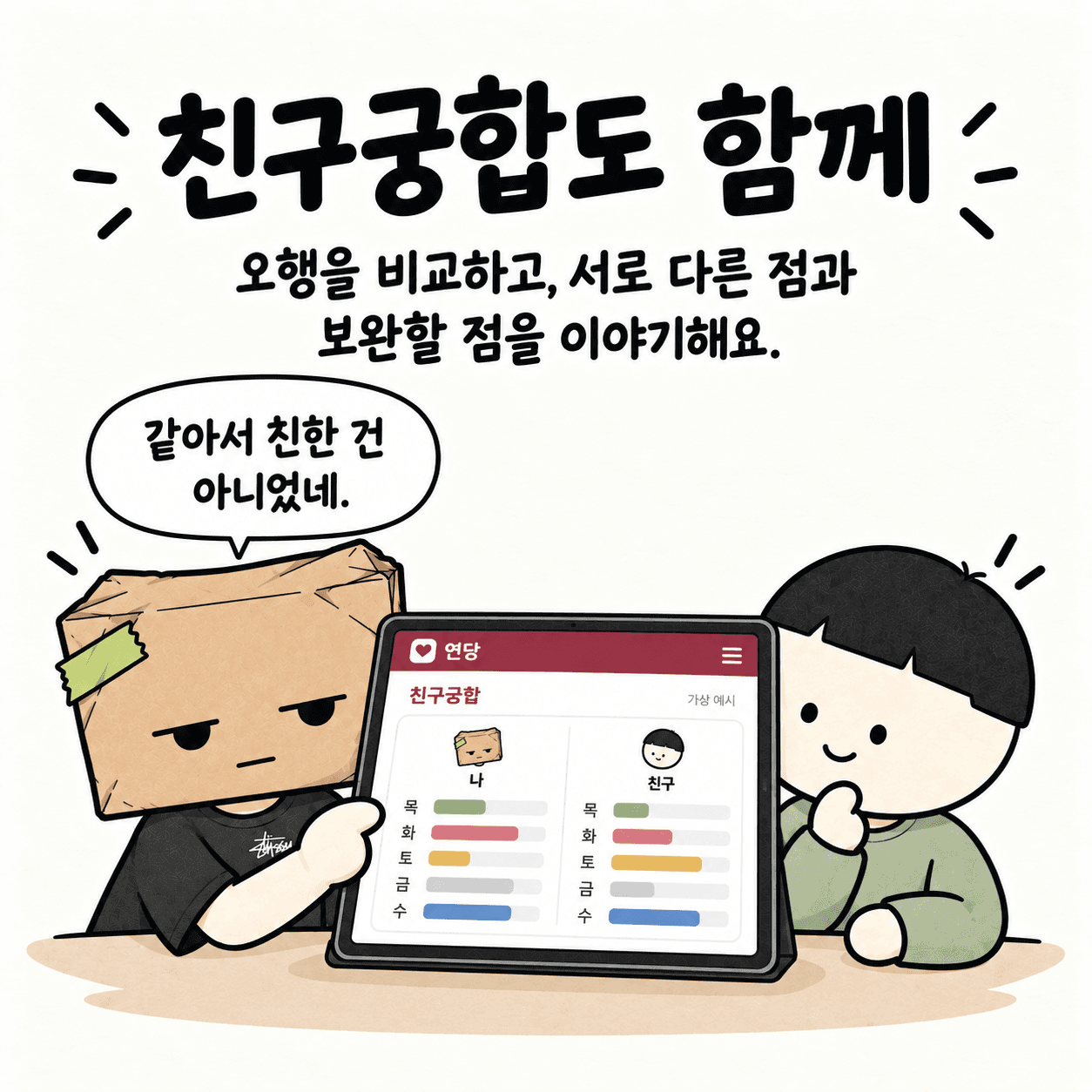 친구궁합도 함께. 오행을 비교하고, 서로 다른 점과 보완할 점을 이야기해요. “같아서 친한 건 아니었네.”